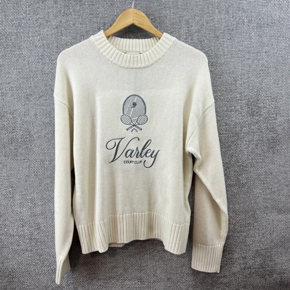 Varley Edie Namesake Sweater Womens XL Cream Embroidered Varsity Court Club New!